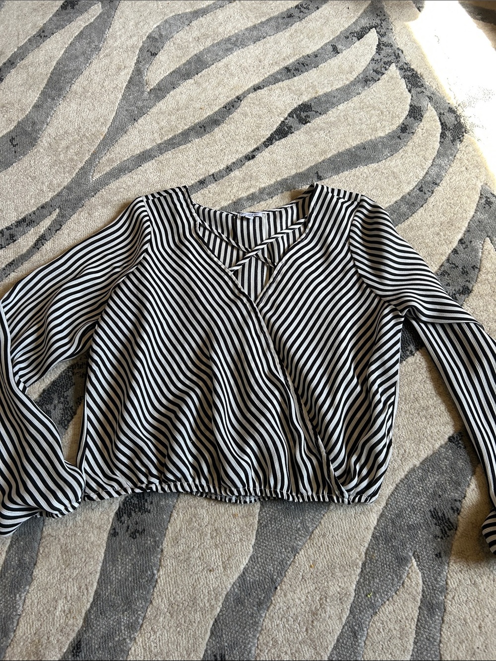 love, Fire Black & White Striped Crossover Long-Sleeve Blouse